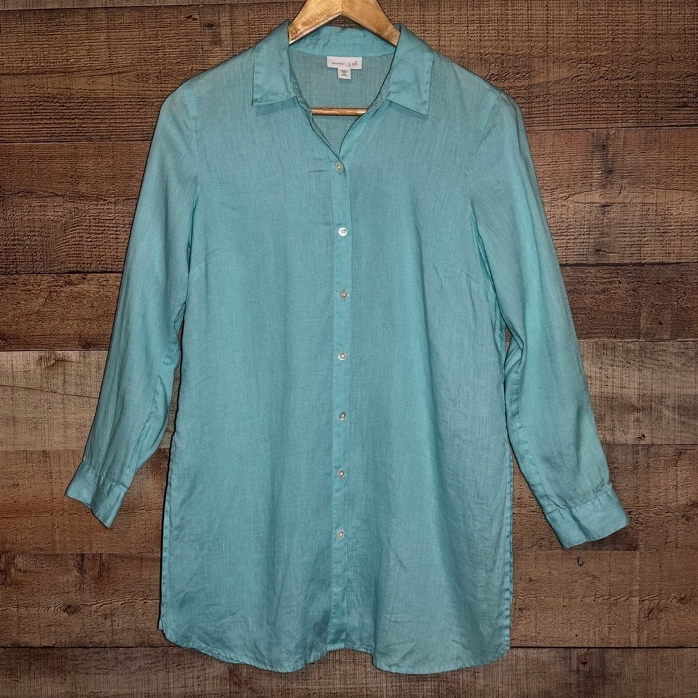 J Jill Love Linen 100% Long Tunic Top sz XS Button Side Slit Sea Foam Lagenlook